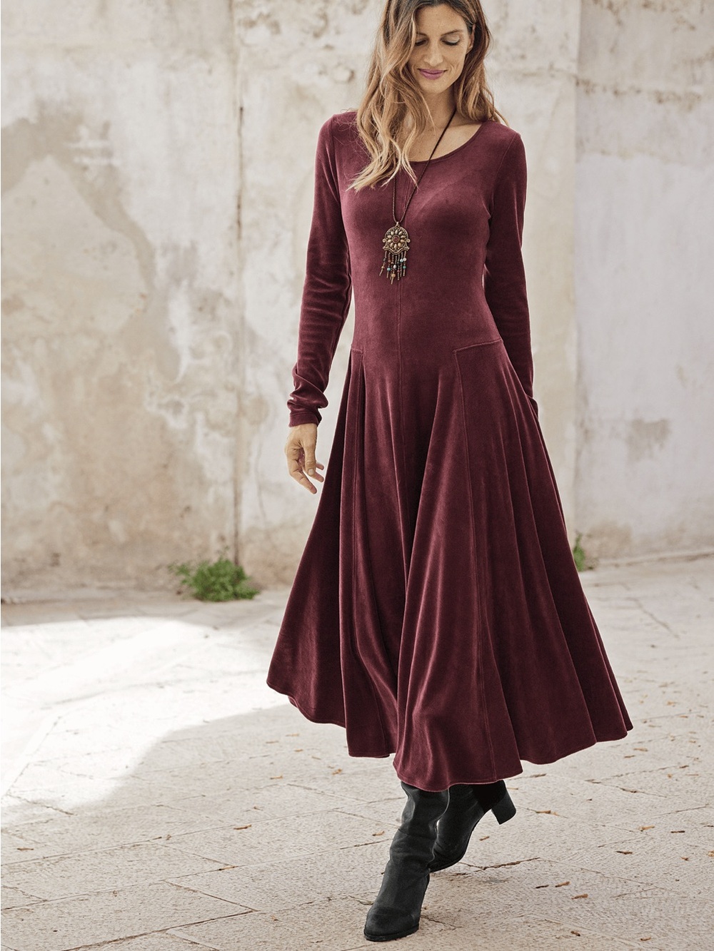 Peruvian Connection Solid Red Wine Velour Velvet Marais Maxi Dress Sz Xl
